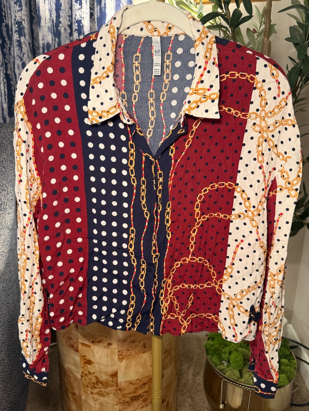 Zara Navy, Burgundy & Cream Polka Dot Chain-Print Button-Down Shirt